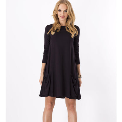 Simple Loose Long Sleeve Midi T Shirt Dress Wholesale Casual Dresses With Pockets