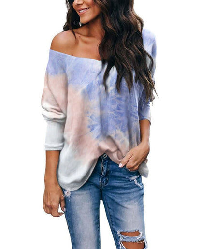 Tie-Dye Print Long Sleeve V-Neck Loose Women Tops Wholesale T Shirts Casual