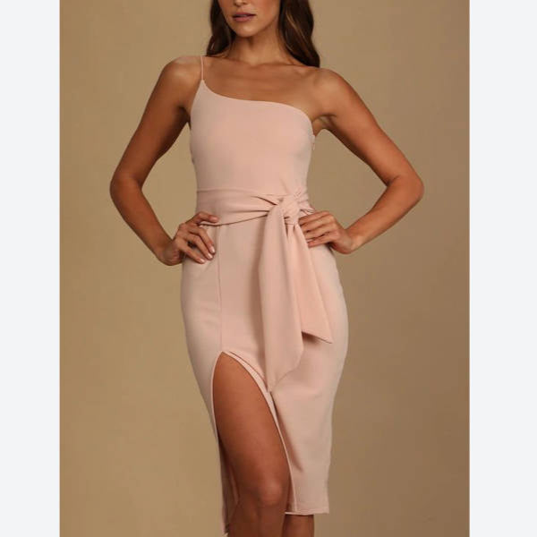 One Shoulder Solid Color Slim Slit Party Pencil Dress Wholesale Dresses