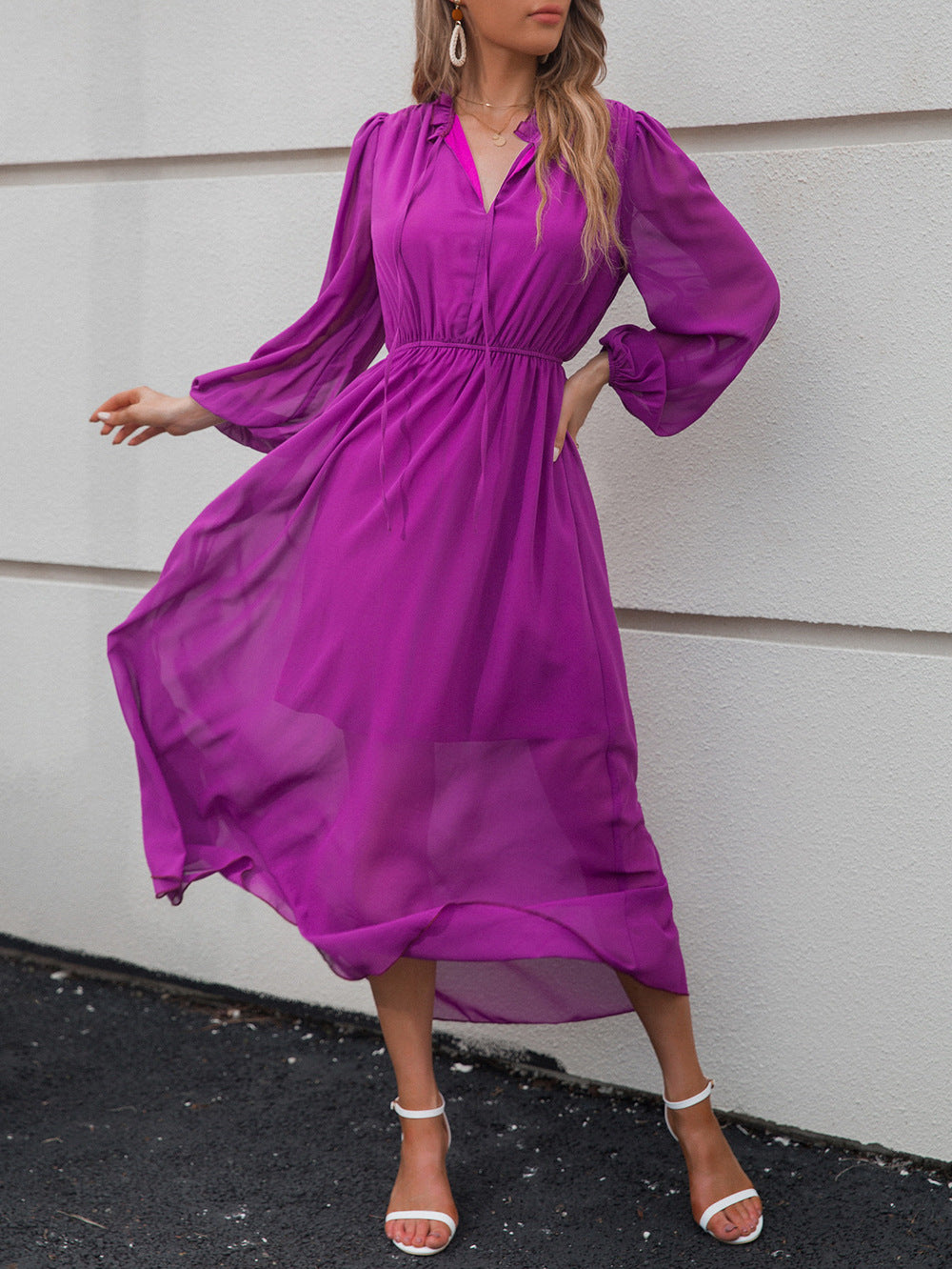 V-Neck High Waist Balloon Sleeve Purple Swing Dress Wholesale Dresses