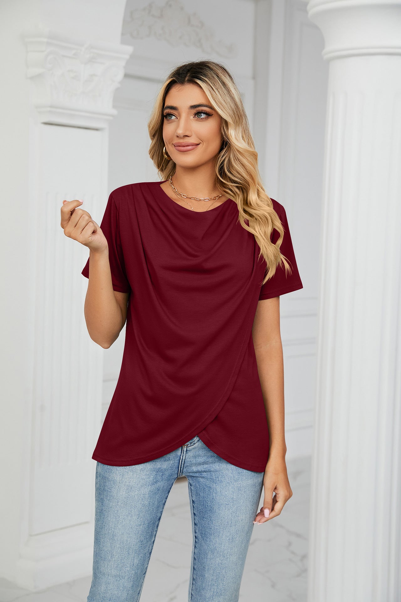 Solid Color Round Neck Cross Short-Sleeved T-Shirts Wholesale Womens Tops