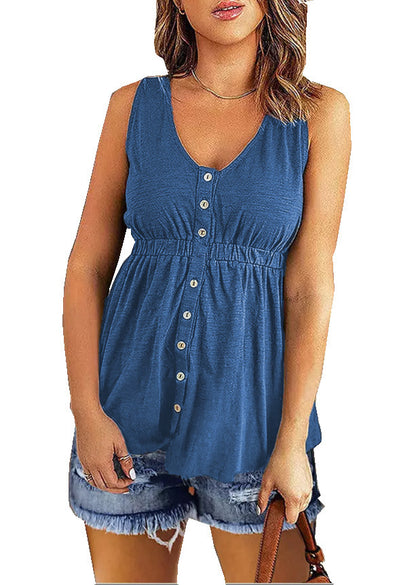 Plain Color Sleeveless V Neck Button Down Wholesale Flowy Tank Tops for Summer