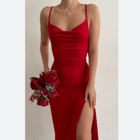 Sexy Sling Midi Dress Side Slit Backless Bodycon Solid Color Wholesale Dresses