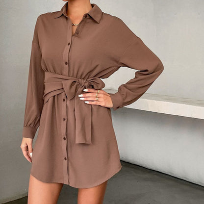 Women Fashion Wholesale Shirt Dresses Solid Color Tieback Design