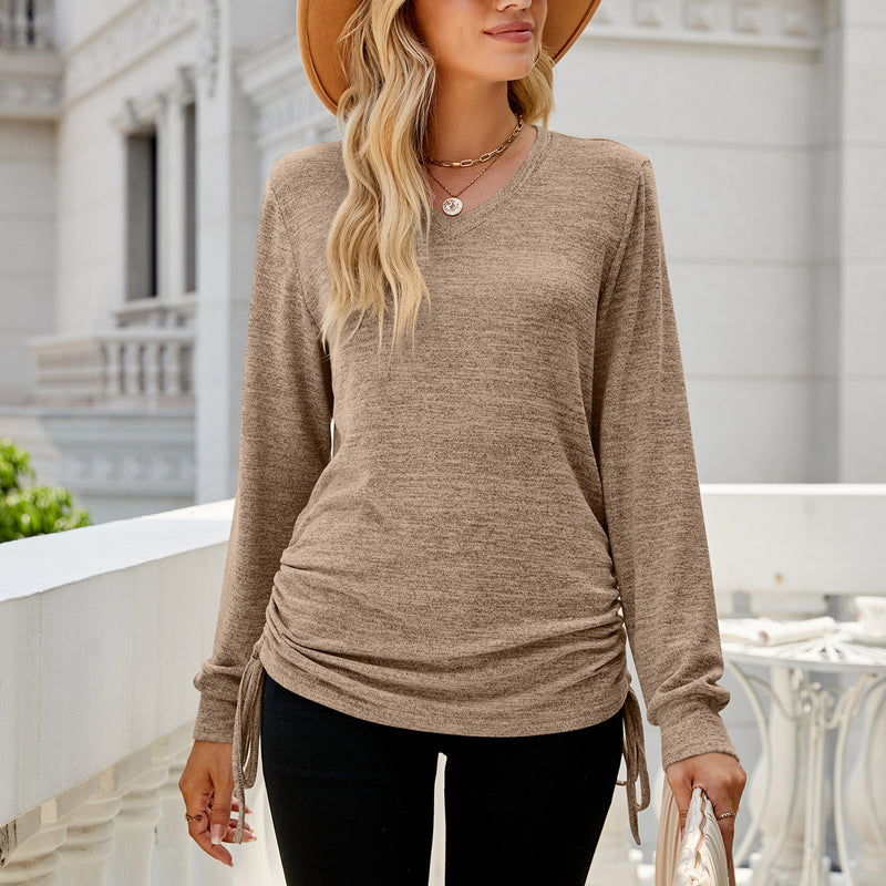 Solid Color Long Sleeve V-Neck Loose T-Shirt Wholesale Womens Tops