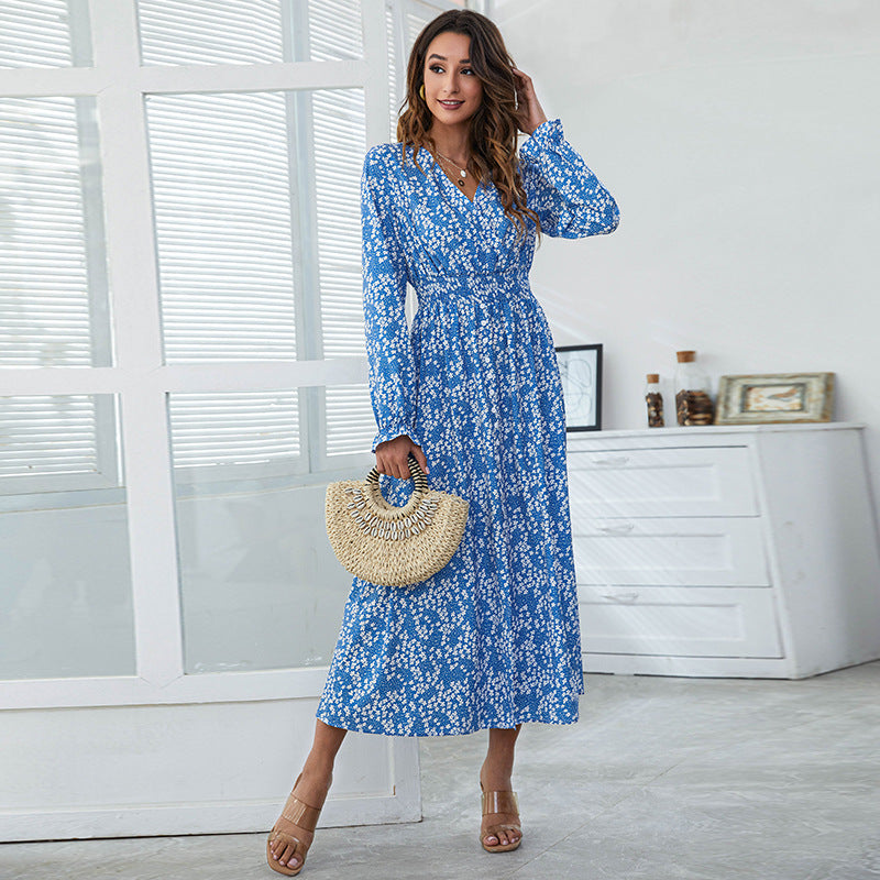 V Neck Floral Print Long Sleeve Midi Flowy Dress Casual Wholesale Dresses