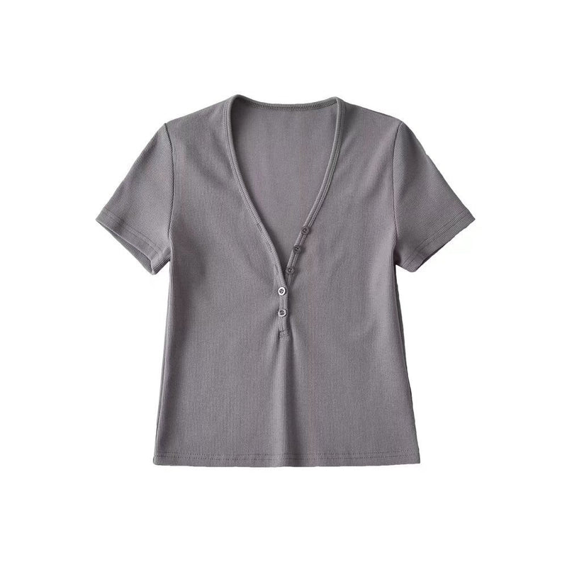 Button-Down Deep V Short-Sleeved Solid Color Slim-Fit Blouses Wholesale Women Tops
