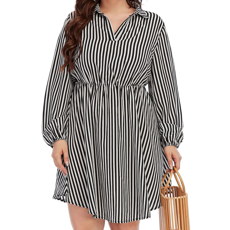 Fashion V Neck Striped Swing Dress Elastic Waist Dresses Long Sleeve Loose Wholesale Plus Size Clothing