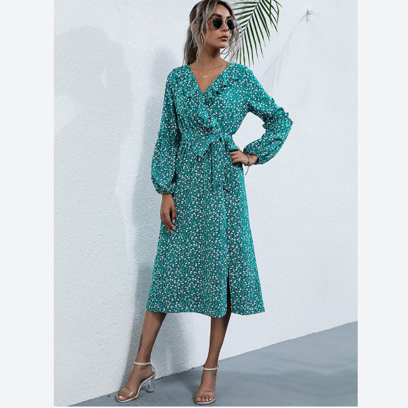 Floral Print Long Sleeve Tie Waist Slit Hem Wholesale Swing Dresses