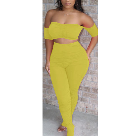 Solid Color Sexy Off Shoulder Tube Tops & Tight Pleated Pants Womens Wholesale Two Piece Sets