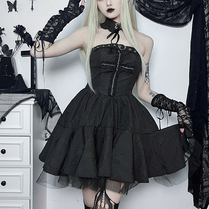 Black Gothic Punk Cross Jacquard Mesh Puffy Cake Dress And Choker Wholesale Dresses