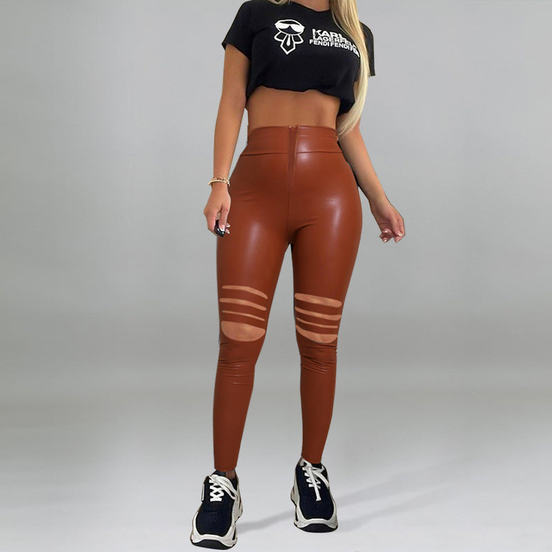Solid Color Sexy Ripped Leather Pants Wholesale Womens PU Trousers