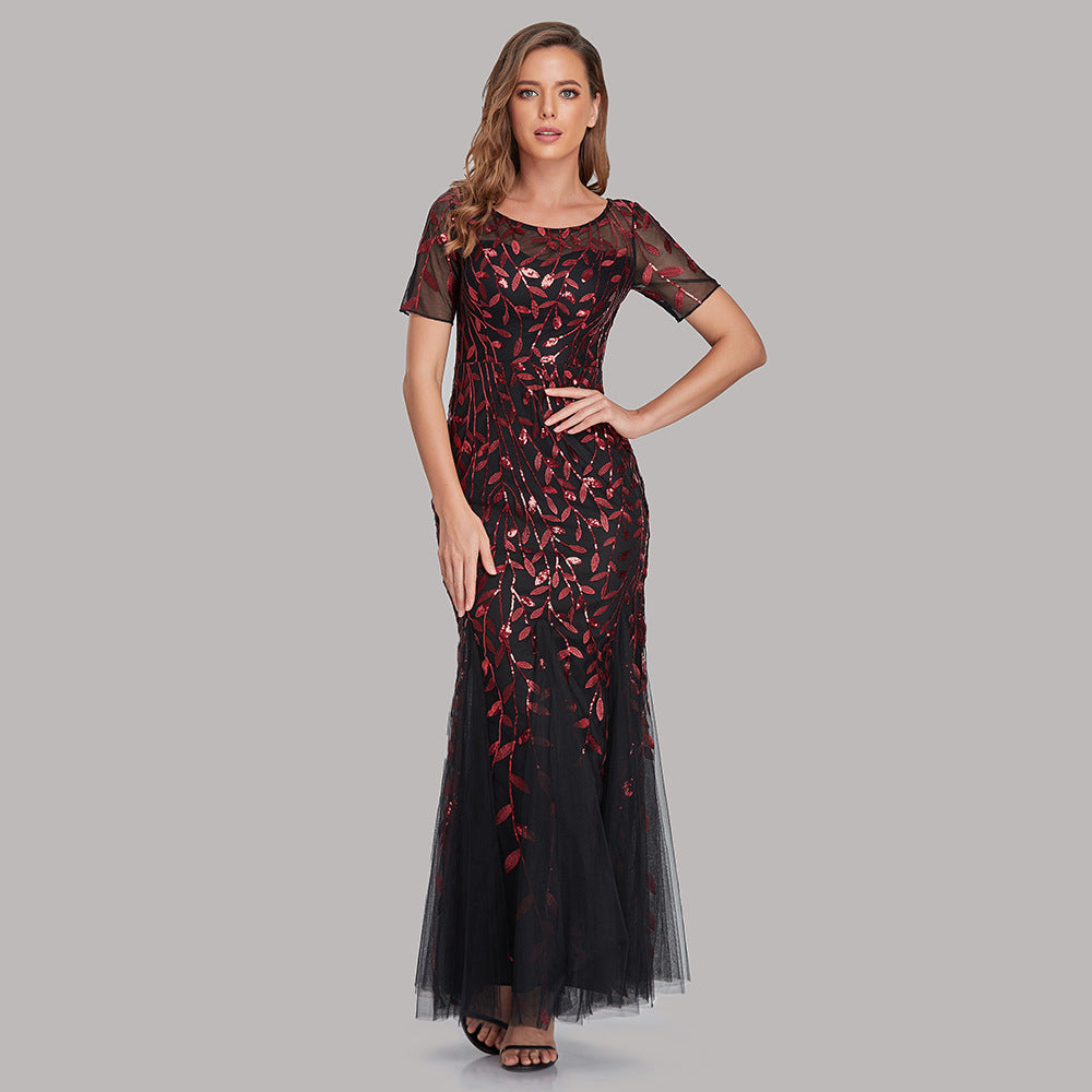 Women Slim Fit Mesh Sleeve Sequin Evening Maxi Dress Wholesale Prom Dresses