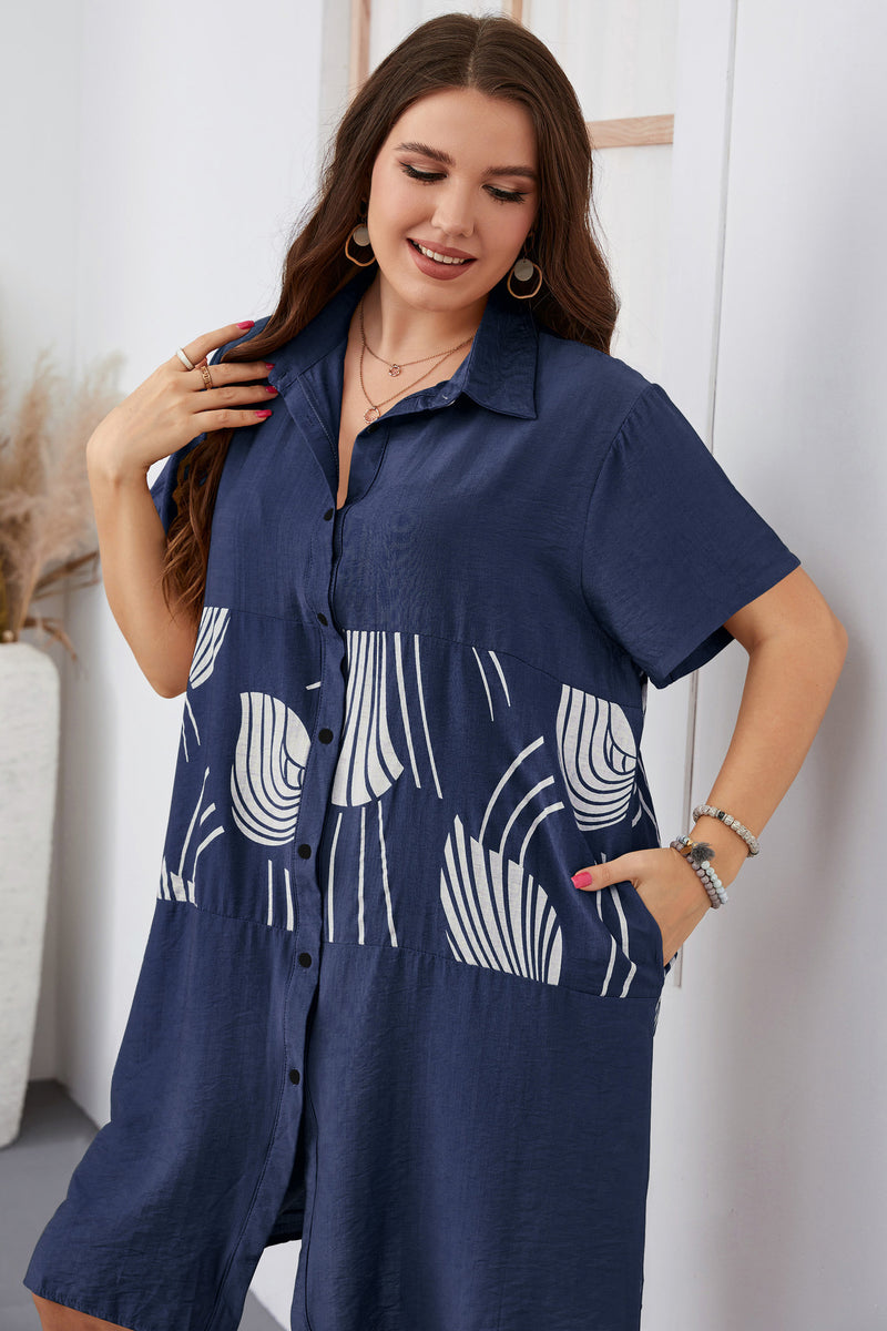 Fashion Print Long Single-Breasted Blouse Loose Short-Sleeve Wholesale Plus Size Clothing