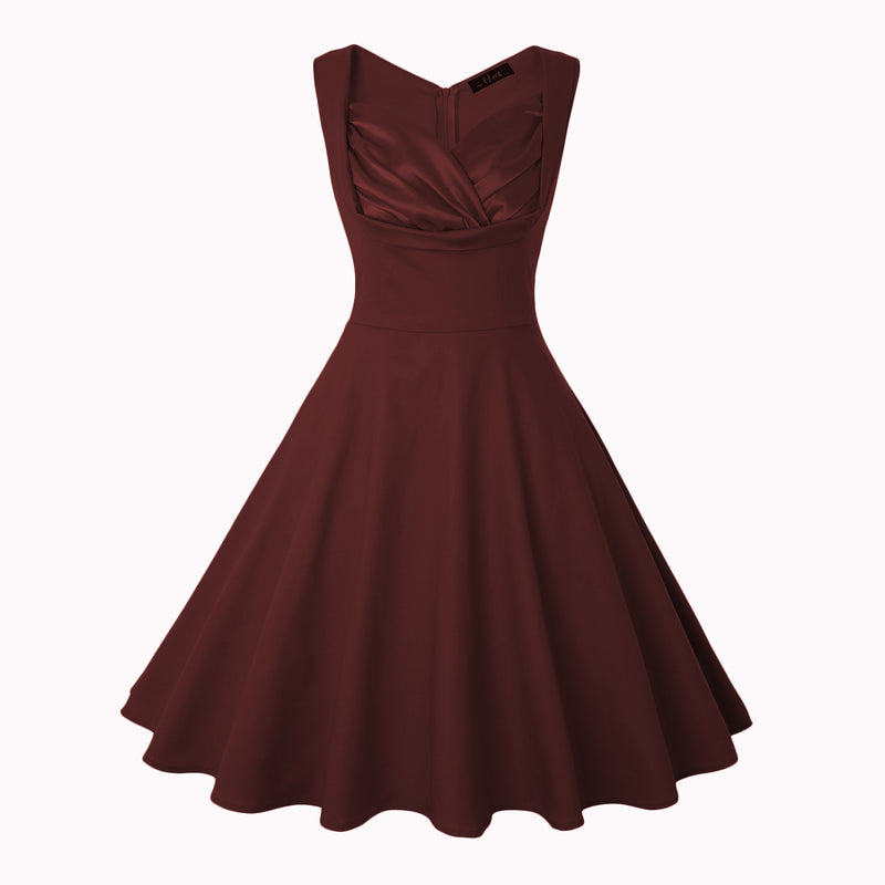 Vintage V Neck Tank Dress High Waist A-Line Solid Color Slim Swing Wholesale Dresses