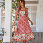 Vintage Square Neck Bohemian Dress For Women Casual Maxi Dress