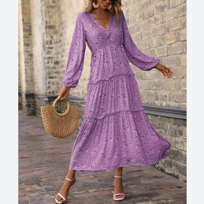 V-Neck Floral Print Long Sleeve Slit Smocked Dress Wholesale Maxi Dresses