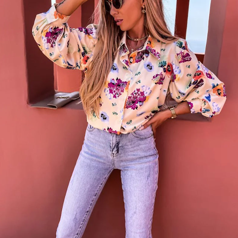 Floral Print Long Sleeve Sand Collar Wholesale Shirts Blouses For Women Summer