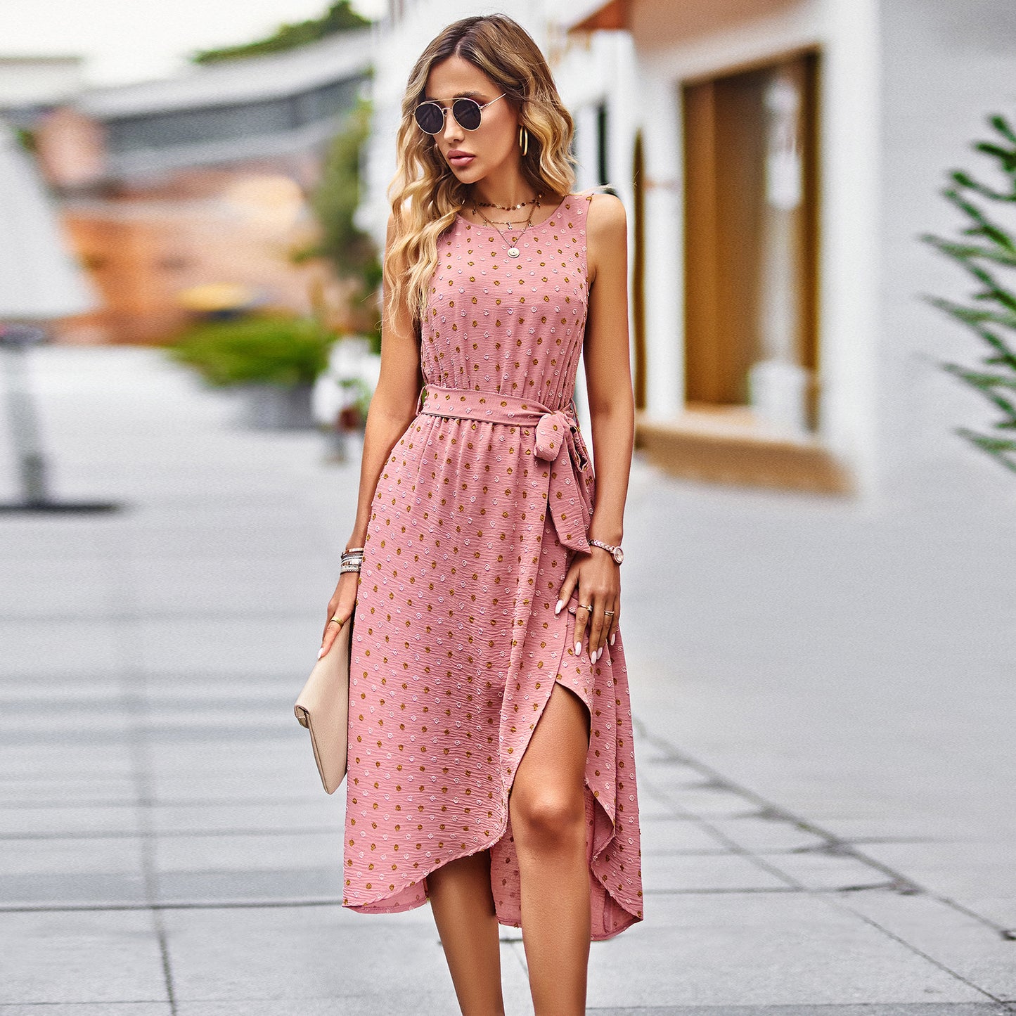 Lace-Up Elegant Polka Dot Jacquard Wrap Dress Wholesale Dresses