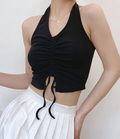 Sexy Wrap Chest Sling Top Lace Up Drawstring Backless High Waist Solid Color Wholesale Crop Tops