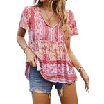 Floral Print Short Sleeve V Neck Ruffle Lace Up Wholesale Blouses For Women