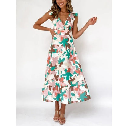 Summer Floral Print Frill Sleeve Backless Midi Dress Wholesale Dresses