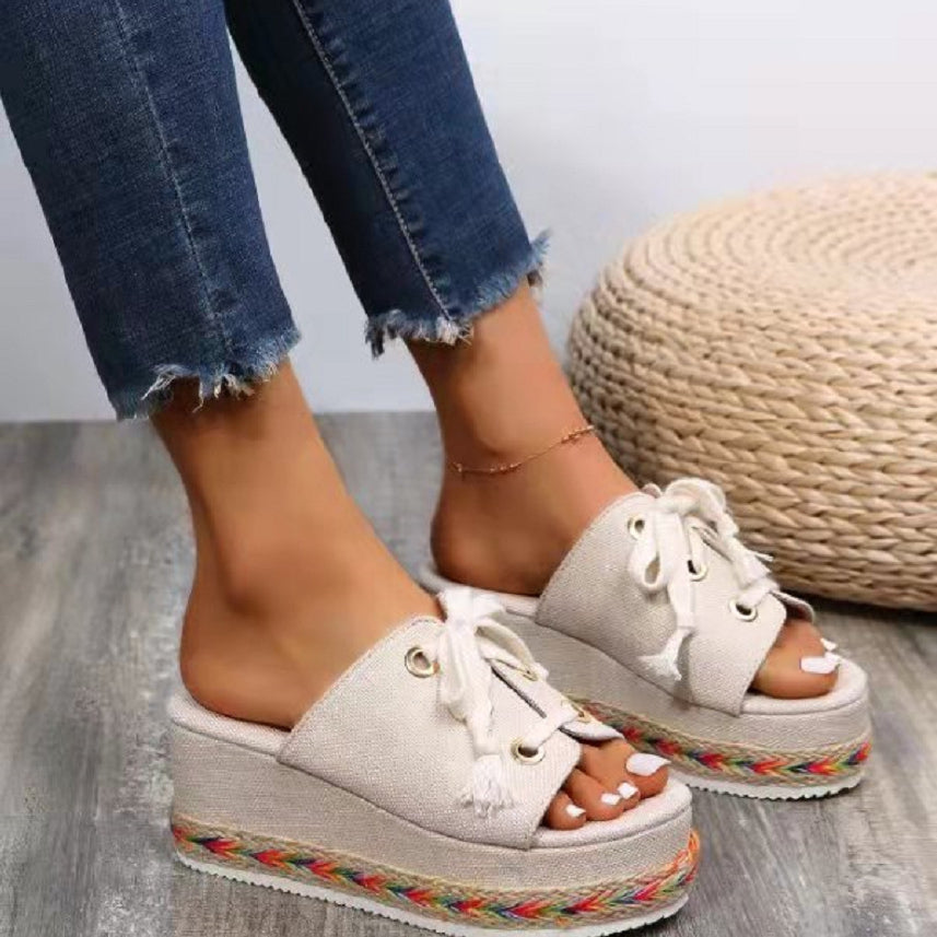 Wedge Colorblock Woven Slippers High Heel Sandals Wholesale Women Shoes