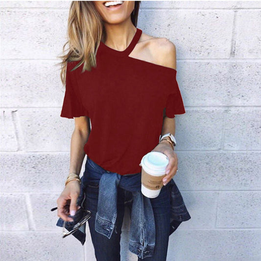 Solid Color Short Sleeved Halter Neck  Wholesale T Shirts Off Shoulder Top ST202063