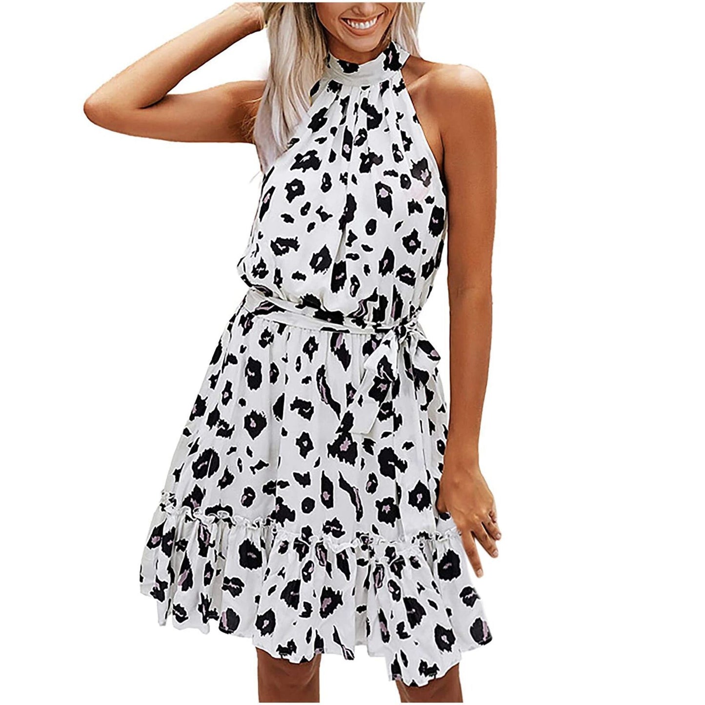 Polka Dot Print Sleeveless Halterneck Tie Waist Wholesale Swing Dresses