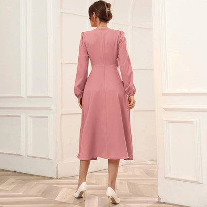 Puff Sleeve V-Neck Wide Swing Ladies Midi Dress With Belt Elegant Wholesale Dresses Business Casual Women