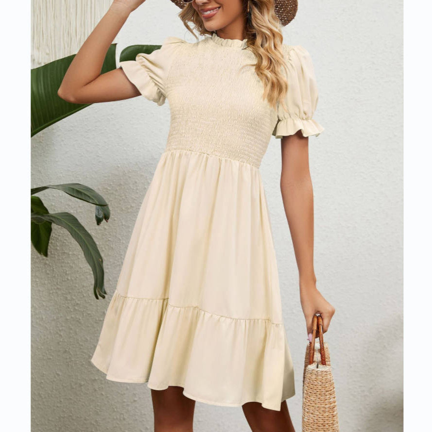 Round Neck Solid Color Short Sleeve Ruffled Dress Wholesale Dresses