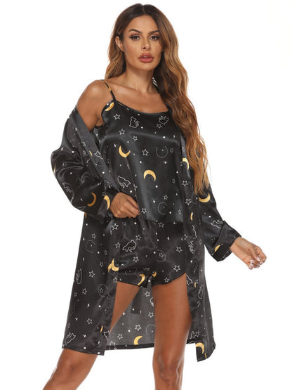 Homewear Womens Printed Sling Satin Pajamas Bathrobe Three-Piece Sets Wholesale Loungewear