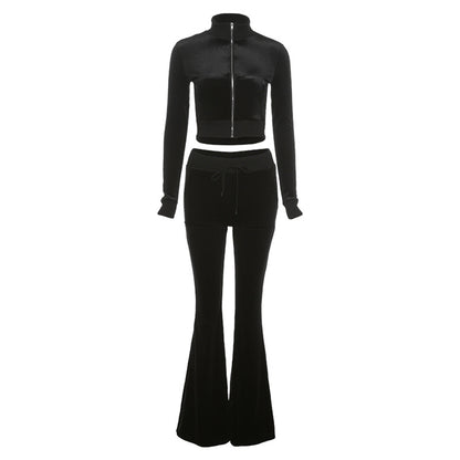 Plain Velvet Zipper Top With Pants Women Tracksuits