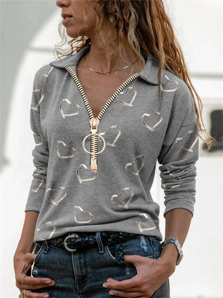 Heart Print V-Neck Zipper Casual Long Sleeve Lapel Women'S T-Shirt Wholesale Blouse