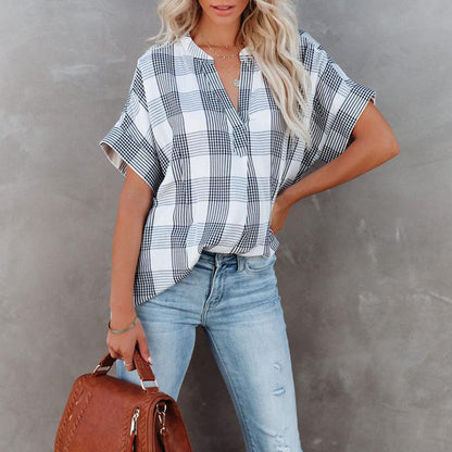 Plaid Print Short Sleeve V Neck Wholesale Blouses For Women Summer