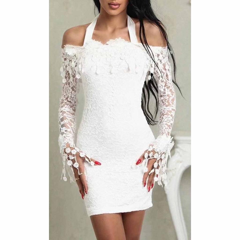 One-Shoulder Lace Long-Sleeved Solid-Color Design Mini Dress Wholesale Dresses