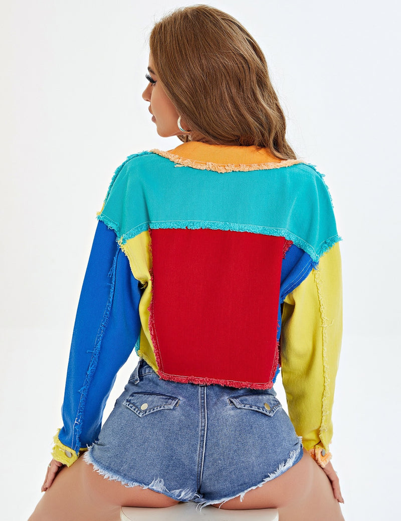 Fashion Contrast Colorblock Short Denim Jacket Slim Long Sleeve Single-Breasted Women Wholesale Coats