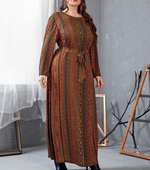 Casual Print Lace-Up Maxi Dress Loose Long Sleeve Plus Size Wholesale Dresses