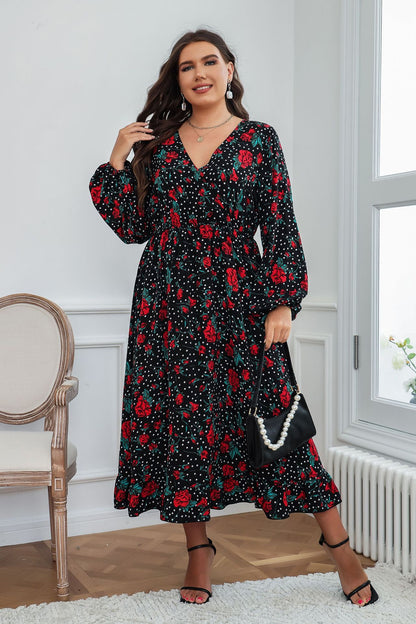 Floral Print Long Sleeve V Neck Wholesale Plus Size Dresses