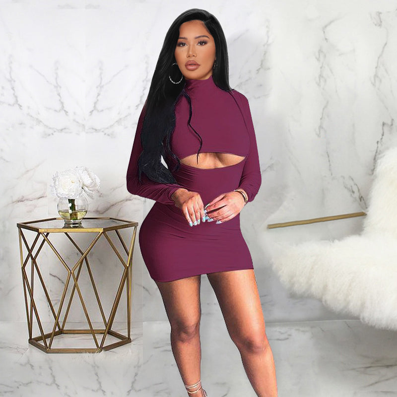 Sexy Cut Out Turtleneck Long Sleeve Solid Color Bodycon Mini Dress Wholesale Dresses