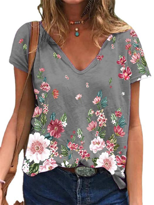 Floral V Neck T Shirt Wholesale Womens Clothing