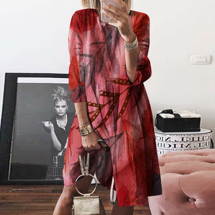 Fashion Print Cotton & Linen Round Neck Seven-Quarter Sleeves Loose Dress Casual Wholesale Dresses SD531710