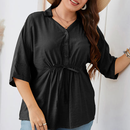 V Neck Lapel Collar Half Sleeve Button Tie Waist Wholesale Plus Size Tops for Summer