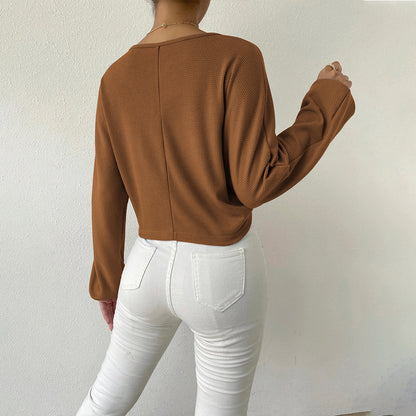 Sexy V-Neck Waffle Drawstring Long Sleeve T-Shirt Wholesale Crop Tops