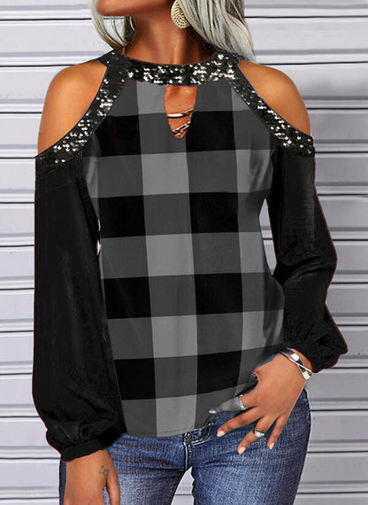 Sexy Off Shoulder Plaid Tops O Neck Wholesale Womens Long Sleeve T Shirts