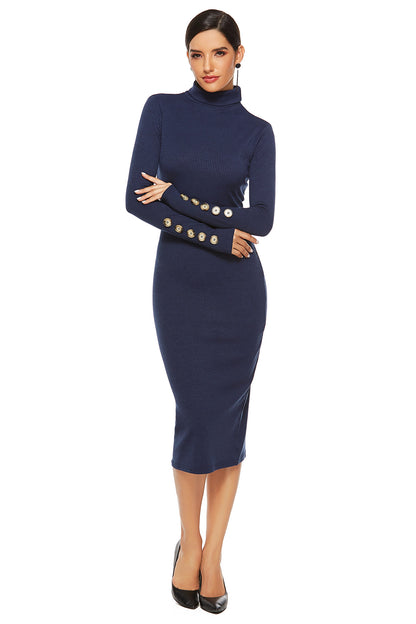 Fashion Button Long Sleeve Turtleneck Knitted Dress Wholesale Dresses