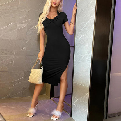 Halterneck Solid Color V-Neck Split Sexy Bodycon Dress Wholesale Dresses