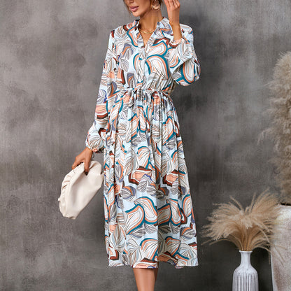 Printed Long Sleeve Tie-Up Midi Swing Shirtdress Wholesale Shirt Dresses