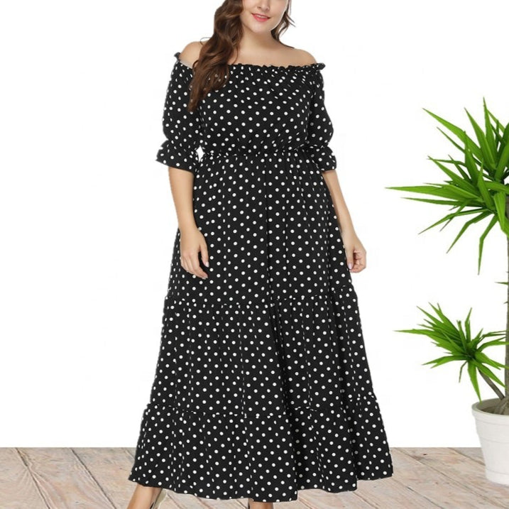 Polka Dot Print Women Curvy Maxi Dresses Wholesale Plus Size Clothing