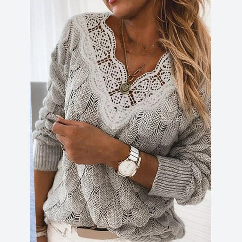 Lace Stitching Sexy V-Neck Hollow Out Solid Color Knit Tops Long Sleeve Wholesale Womens Sweaters